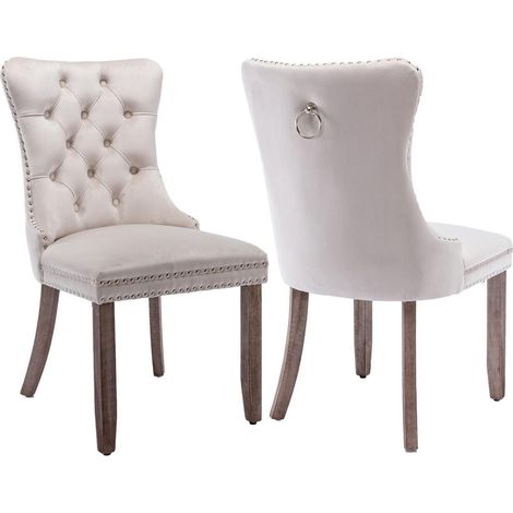 Lot de 2 chaises de salle à manger en velours capitonné, dossier haut, pieds bois massif, beige (1/5)