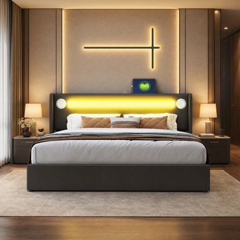 DESMIU Lit coffre 160 × 200 cm 2 places avec LED, Bluetooth, USB, sans matelas, en PU noir (1/5)