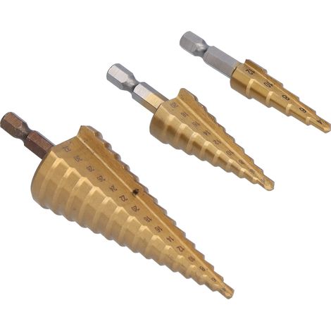 Jeu de 3 forets étagés HSS acier rapide, coupe bois métal, perceuse aléseuse à étages, mèche conique multi-diamètres (1/5)