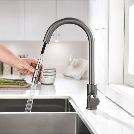 Rubinetto da cucina con doccetta estraibile, grigio scuro, girevole a 360°, in acciaio inox, miscelatore per lavello da cucina, 2 funzioni