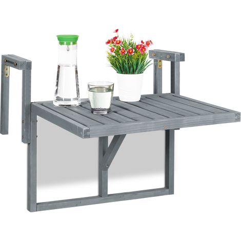 Relaxdays Folding Balcony Table, Hangs on Terrace Ledge, WxD: 60x45 cm, Height Adjustable, Small Deck Table, Wood, Grey (1/5)