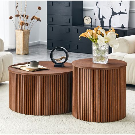 Table basse gigogne 2 pièces en MDF finition noyer avec rangement intégré (1/5)
