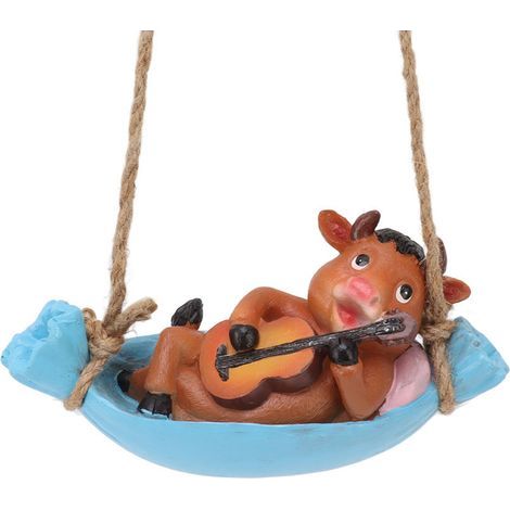 Gartenfigur einer Gitarre spielenden Kuh, eine niedliche und naturgetreue Rinderskulptur aus Kunstharz, ideal zum Aufhängen, eine kunstvolle Dekoration für Rasen, Terrasse oder Garten. Braune Kuh. (1/5)
