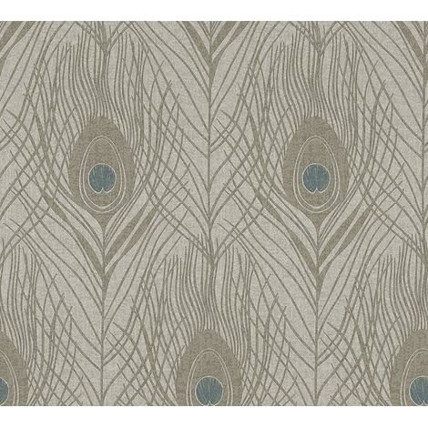 Luxury Peacock Wallpaper Bird Feather Beige Taupe Blue AS Creation (1/4)