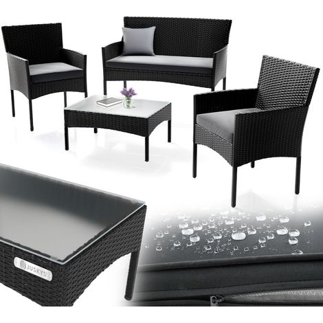 Ensemble de mobilier de jardin en polyrattan Juskys Fort Myers – Ensemble pour balcon avec table, canapé et 2 chaises – Salon de 4 personnes, noir avec coussins gris