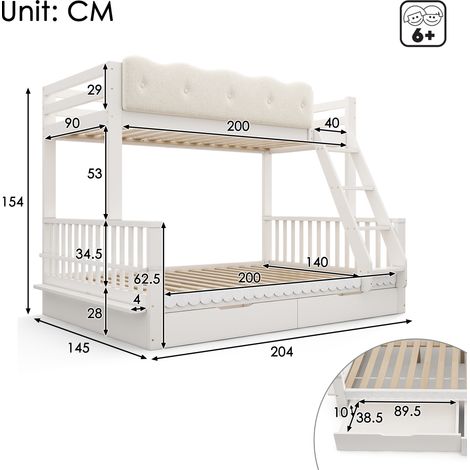 Lit superposé enfant 90x200/140x200 cm avec barrière de sécurité en forme de nuage, tiroirs et porte-revues, lit familial en bois pour enfants et adultes, conforme à la norme EN 747:2024, blanc, sans (1/5)