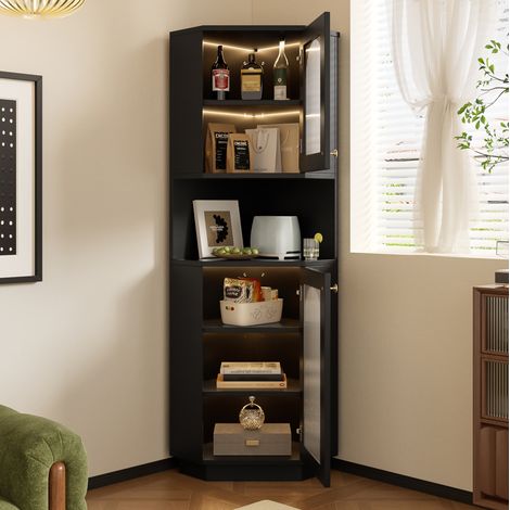 Eckschrank 45x45x166.5 cm schwarz MDF mit Lichtleiste und verstellbaren Einlegeböden (1/5)