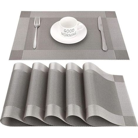Sets de Table PVC Antidérapant Lavable Résiste à la Chaleur Rectangulaire Vinyle pour Restaurant, Cuisine ou Salle à Manger, 45 x 30 CM Lot de 6 (Gris+ Argenté) (1/4)