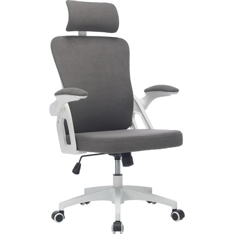 ELVMI Silla de Oficina Ergonómica con Reposacabezas, Soporte Lumbar y Reposabrazos Plegables, Tapizada, Gris (1/5)