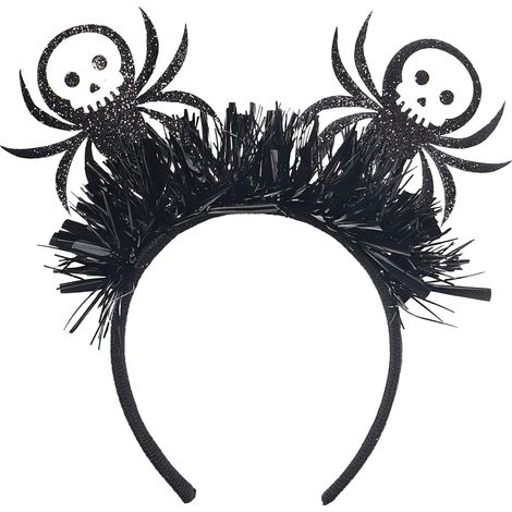 Serre-tête tête de mort araignée pour Halloween avec lumières clignotantes et pompons noirs - Accessoire de cheveux festif pour femmes, filles et enfants - Idéal pour les défilés de carnaval, les fête (1/5)