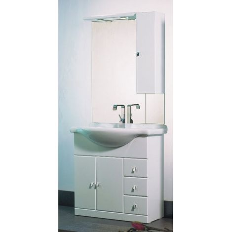 Bagno Italia Arredo Bagno a terra bianco lucido 85 cm lavandino ceramica integrale specchio con tettino e pensile a dx
