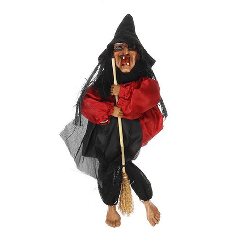 Poupée sorcière suspendue d'Halloween, accessoire de décoration animé avec commande vocale, fantôme effrayant chevauchant un balai, à suspendre au mur, pour une fête ou une maison. Jouet décoratif pou (1/5)