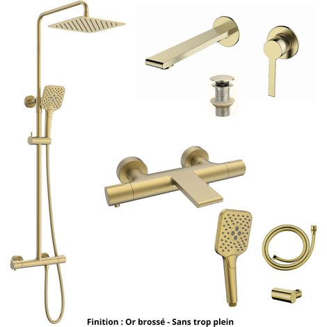 Mitigeur lavabo + Bonde + Colonne de douche + Mitigeur Bain + Support douchette Couleur Or brossé Version Bonde sans trop plein (1/5)