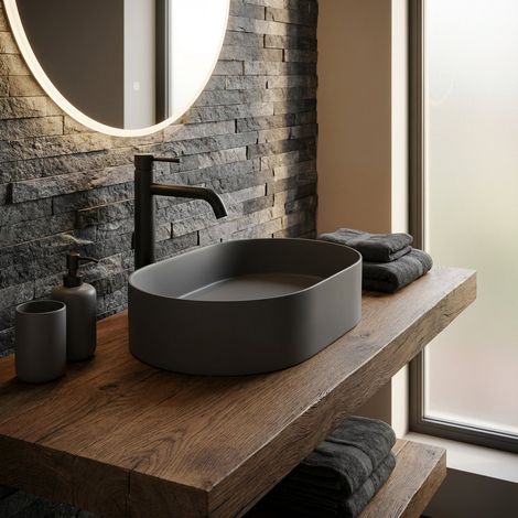 Lavabo ovale de 55 cm en granit gris anthracite avec plan - Delia (1/5)