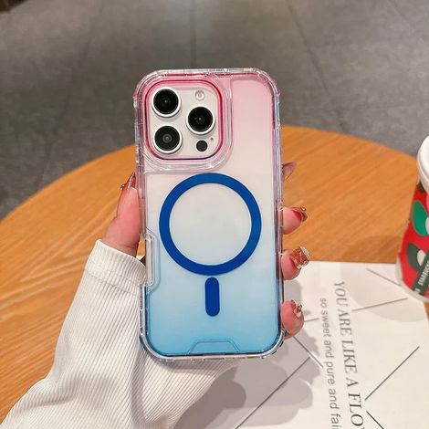 (Rose et bleu, iPhone Air) Étui de protection 3 en 1 à dégradé de couleurs, compatible avec la recharge sans fil MagSafe, étui de protection antichoc.