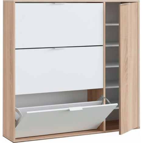 Scarpiera Salvaspazio A 3 Ribalte E 1 Anta Con Ripiani Mobile Porta Scarpe Da 30 Paia Per Ingresso Corridoio Camera Cameretta Design Moderno 106 x 115 x 22 Cm Bianco E Rovere