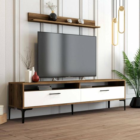 Dmora - Pared Equipada Dkatseri, Composición de la sala de estar, Muebles de salón multiusos, Gabinete de TV, 180x35h47 cm, Nogal y Blanco (1/5)