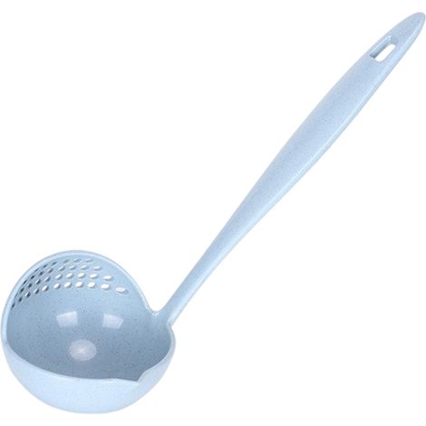 1 Louche de cuisine 2 en 1 avec passoire, plastique bleu, bec verseur, pour soupe et huile (1/5)