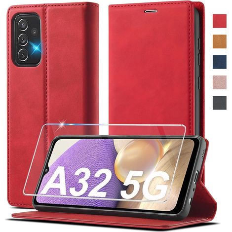 Coque portefeuille cuir pour Samsung A32 5G avec béquille et porte-cartes rouge (1/5)