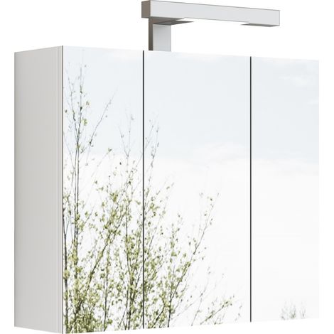 Armadio specchiera da bagno bianco 60 cm a 3 ante con LED, presa Schuko e ripiani in vetro (1/4)