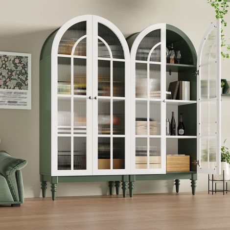 Armoire haute cintrée 152x35,5x165 cm, meuble de rangement 2 éléments avec portes vitrées pour cuisine et salon, MDF, Vert et Blanc (1/5)