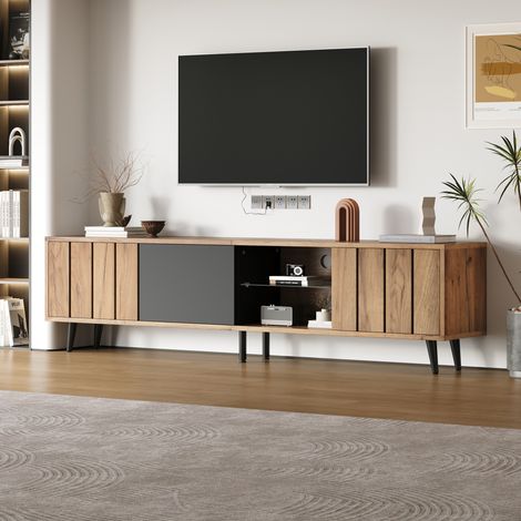 Meuble TV 175 cm, 3 portes, pour téléviseur jusqu’à 75 pouces, bois et noir HAVRYA (1/5)