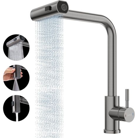 Robinet de cuisine cascade en acier inoxydable, robinet d'évier coulissant avec pulvérisateur 3 modes, robinet d'évier de cuisine moderne à trou unique en acier inoxydable, 1 poignée et rotation à 360