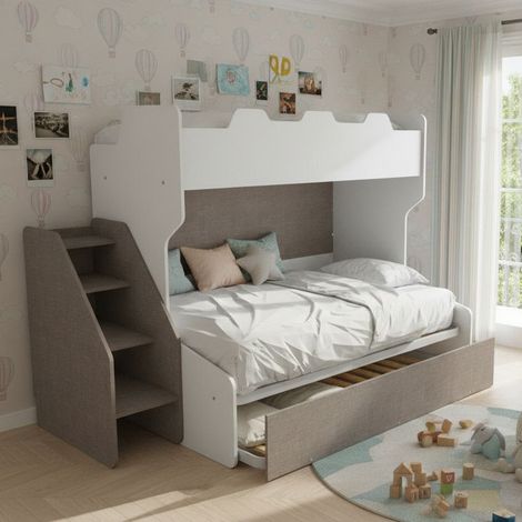 Letto a castello 3 posti con terzo letto estraibile e scaletta contenitore - Una piazza e mezza - Bianco e Fumo