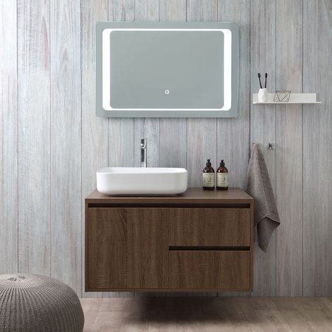 Mueble De Baño Suspendido Con Lavabo De 90 Cm Y Espejo Led Touch  Siena