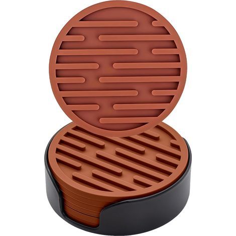 Set di 6 sottobicchieri in silicone, diametro 10 cm (marrone), con supporti, rotondi antiscivolo, adatti per tazze e bicchieri. (1/5)