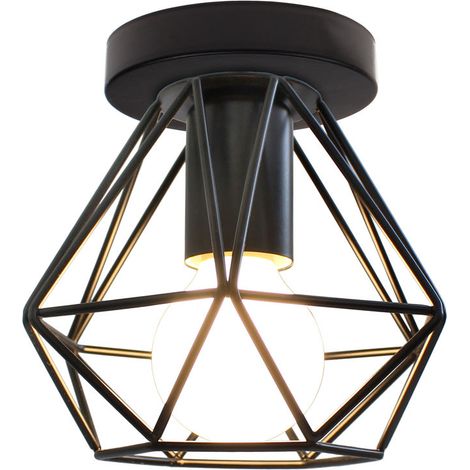 Deckenleuchte Diamant, Industrielle Deckenlampe mit Ø16cm Käfig, Eisen Lampe E27 Fassung für Wohnzimmer Schlafzimmer (Schwarz)