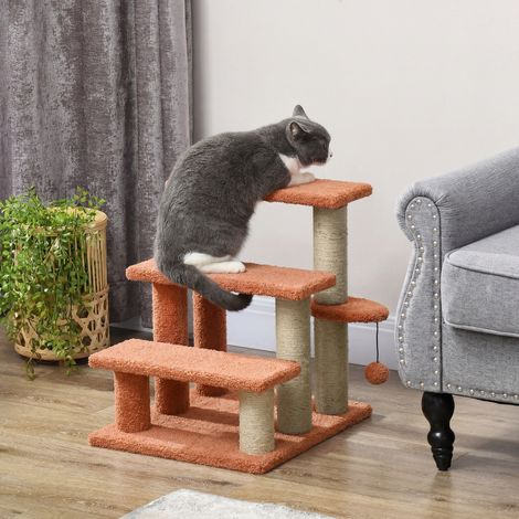 Arbre à chat, 3 marches, escaliers pour animaux, balle de jeu, jusqu’à 5 kg, 45x40x48cm, marron (1/4)
