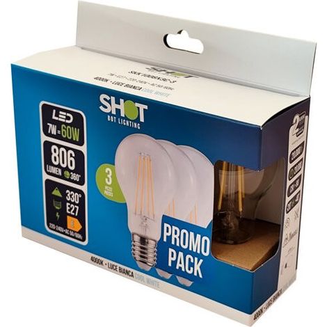 Pack de 3 ampoules LED E27 7W - 806 lm (équivalent 60W) - 4K  - Éclairage éco et puissant