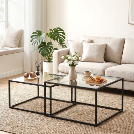 Table basse gigogne ronde 2 pièces, plateau en verre trempé, structure en métal noir HAVRYA (1/4)