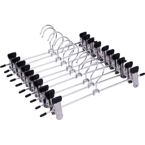 10 x Kleiderbügel – Hosenträger mit Knöpfen – Kleiderbügel aus Metall – für Hosen, Shorts, Röcke, Socken (10 x 35 cm), silber-schwarz (1/3)