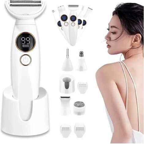 Elios 2025 5-in-1 Damenrasierer, IPX7 wasserdichter Mehrzweck-Körpertrimmer, USB-Ladefunktion und Display, Haarentfernung für Bikinizone, Beine, Achseln und Nase (B) (1/4)