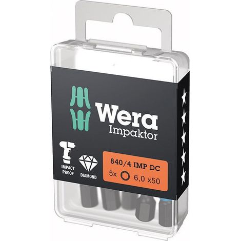 Wera 5x Bit 840/4 IMP DC 6 mm longitud 50 mm 1/4" E6,3 Impaktor DC - 5157646001 (1/5)
