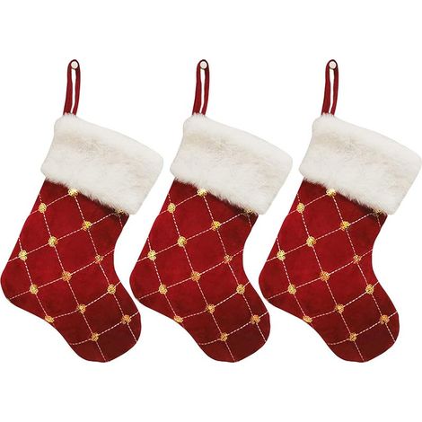 Lot de 3 bas de Noël à paillettes, bas de cheminée à carreaux de 22,9 cm avec paillettes dorées, manchette en peluche blanche, ornements de bas de sapin de Noël suspendus pour décoration de fête de va (1/5)