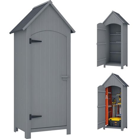 Dans le jardin, gardez vos outils au sec avec cette armoire en bois grise, toit à pignons bitumé (1/5)