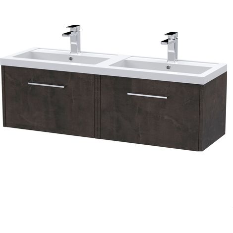 Winshill Contemporary 2 Drawer Wall Hung Vanity Unit with Double Basin, Metallic Slate, 1200mm