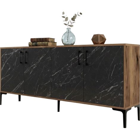 Credenza Pollein, Madia 2 Ripiani, 4 Ante, 4 Vani, 180x35x78h cm Nero Marmo
