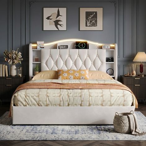 Lit Coffre 160x190 cm avec Éclairage LED et Prise USB, lit Double Hydraulique avec Étagères Ouvertes et Rangement Caché, Cadre de lit 2 Personnes avec Sommier à Lattes, sans Matelas, Velours, Beige (1/5)