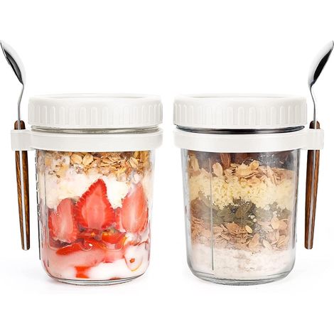Confezione da 2 barattoli per porridge notturno, contenitori per porridge notturno con coperchio e cucchiaio, barattoli per porridge notturno da 350 ml, contenitore per latte, verdure e macedonie con (1/5)