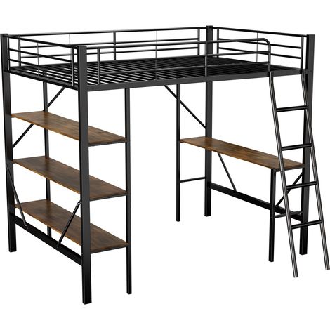 Hochbett 90×200 cm, Einzelbett mit Schreibtisch und 3 Ablagen, ohne Matratze, aus Metall und MDF, Schwarz (1/5)