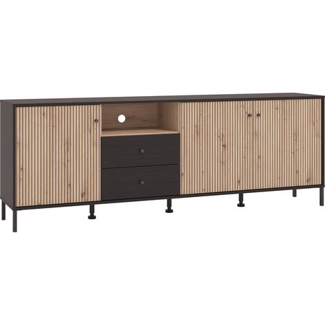 Home Heavenly® - Mueble TV TANIA alistonado con 4 cuerpos y 2 cajones color ébano y roble artisan 74x208x40 cm. Color: Roble Artisan (1/5)