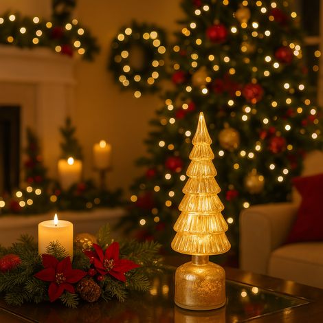 Albero decorativo in vetro color oro con luci Led a batteria per decorazione natalizie -36 cm / Stile 2 (1/4)