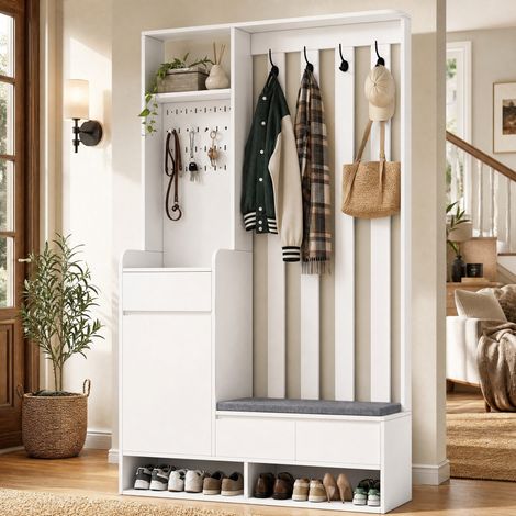 Guardaroba da ingresso FLORAGRACE 100x35x180 cm in MDF bianco con vano contenitore (1/5)