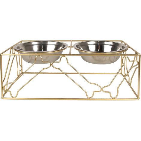 Gamelle Double pour Chien et Chat en Métal Doré avec Motifs d'Os 2x500 ml 38x20x14 cm - PANGIVO
