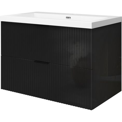 Meuble de salle de bain suspendu 80 cm, 2 tiroirs, avec vasque blanche,MDF noir brillant (1/5)