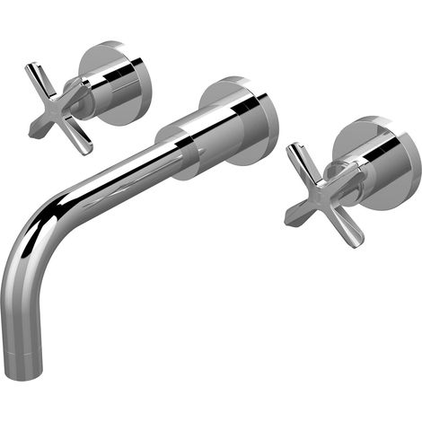 Balterley Levedale Wall Mount 3 Tap Hole Basin Mixer Tap with Dual Crosshead Handles and Curved Spout - Polished Chrome Finish